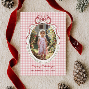 Dainty Bow Frame Gingham Christmas Photo Holiday Card