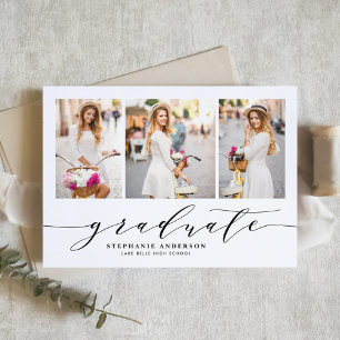 Dainty Calligraphy Three Photo Graduation Announcement