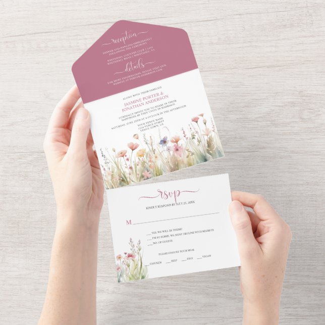 Dainty Colourful Wildflowers in Pastel Hues Weddin All In One Invitation (Tearaway)