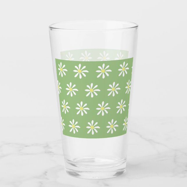 Dainty Daisy Glass Tumbler (Sage Green & White) (Front)