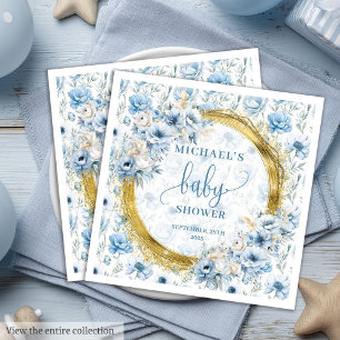 Dainty dusty blue flowers gold baby shower napkins