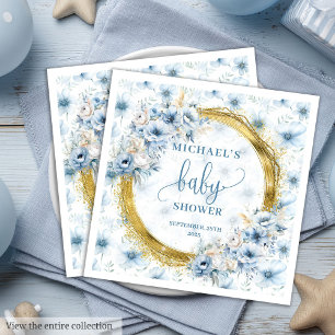 Dainty Dusty Blue Gold Floral Baby Shower Napkins