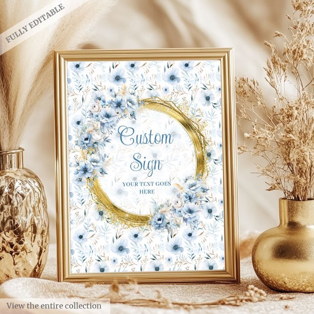 Dainty dusty blue watercolor flowers gold custom  poster (Dainty dusty blue watercolor flowers gold custom poster)