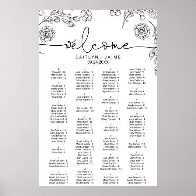 Dainty Elegance Alphabetical Seating Chart (Front)