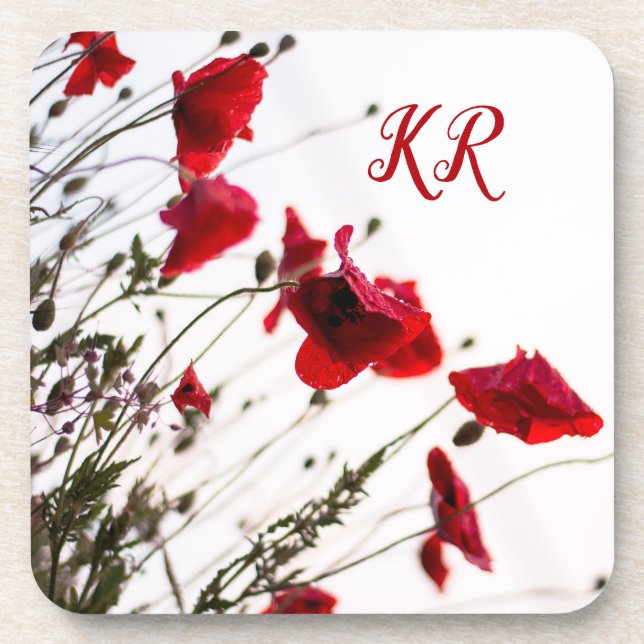 Dainty & Elegant Red Floral Flowers Monogrammed Coaster (Front)