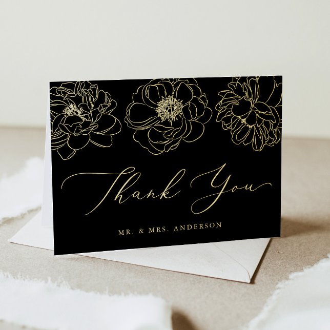 Dainty Floral Black and Gold Wedding Thank You Foil Greeting Card (Creator Uploaded)