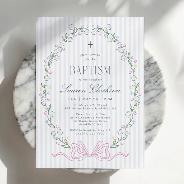 Dainty Floral Bow Blue Baptism Invitation (Creator Uploaded)