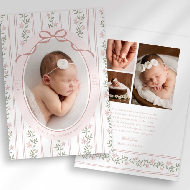 Dainty Floral Bow Photo Birth Announcement (Creator Uploaded)