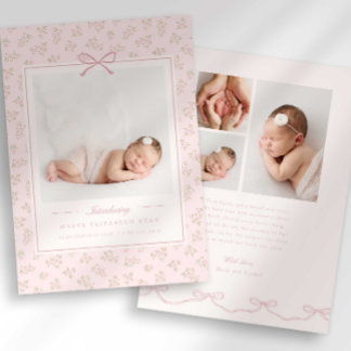 Dainty Floral Bow Photo Birth Announcement