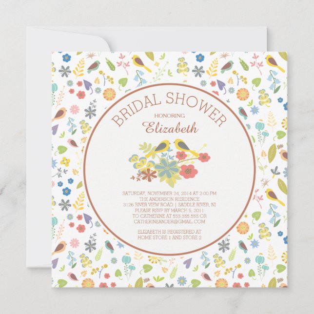 Dainty Floral Love Bird Bridal Shower Invitations (Front)