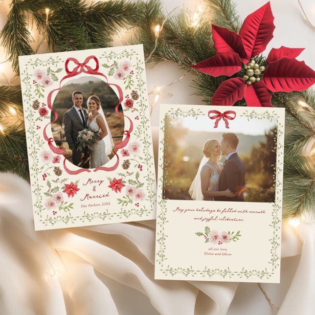 Dainty Floral Merry Married Christmas Photo Holiday Card (Creator Uploaded)