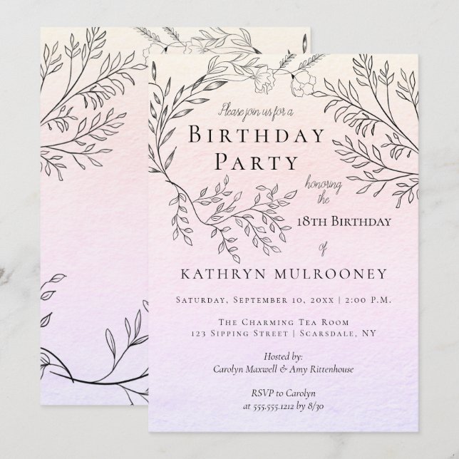 Dainty Floral Outlines on Pink 18th Birthday Party Invitation (Front/Back)
