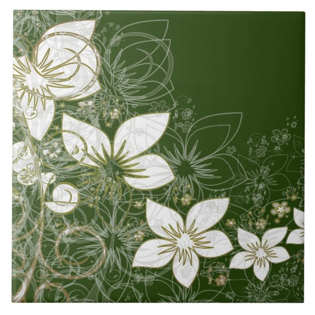Dainty Floral Scroll on Green  Tile (Front)
