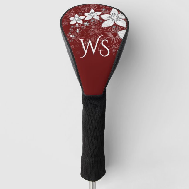 Dainty Floral Scroll on Red Initial Golf Head Cover (Front)