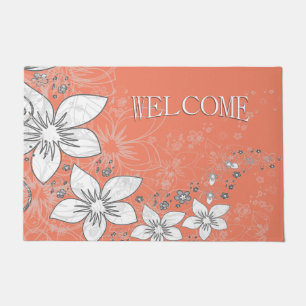 Dainty Floral Scroll on Tangerine Welcome Doormat