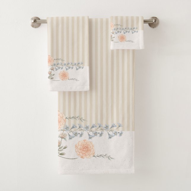 Dainty Floral Trim Cream Stripe Bath Towel Set (Insitu)