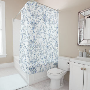 Dainty French Toile Blue Floral Pattern Shower Curtain