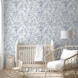 Dainty French Toile Blue Floral Wallpaper