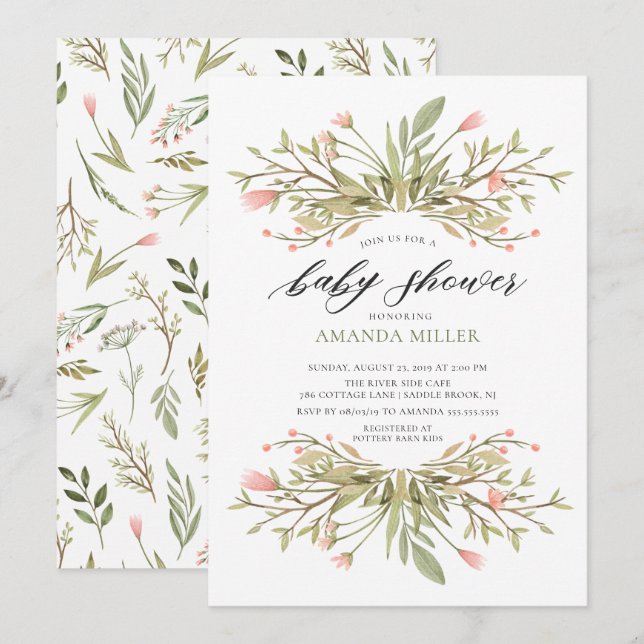 Dainty Girls Pink Floral & Greenery Baby Shower Invitation (Front/Back)