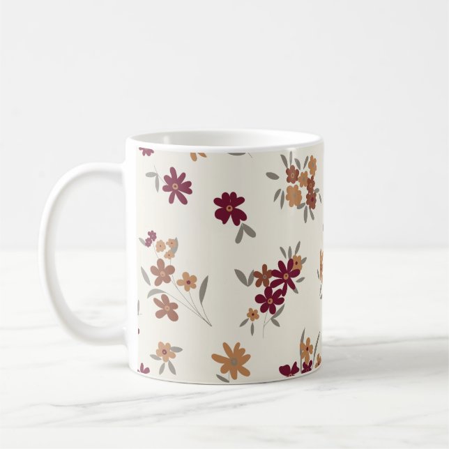 Dainty Gold Maroon Floral Pattern Coffee Mug (Left)