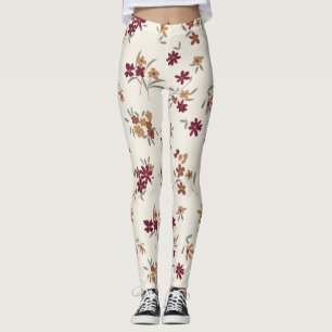 Dainty Gold Maroon Floral Pattern Leggings
