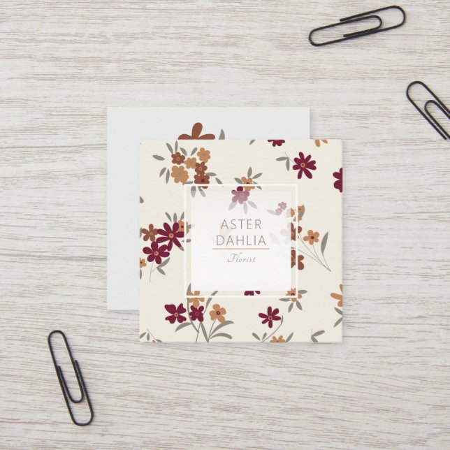 Dainty Gold Maroon Floral Pattern Square Business Card (Front/Back In Situ)