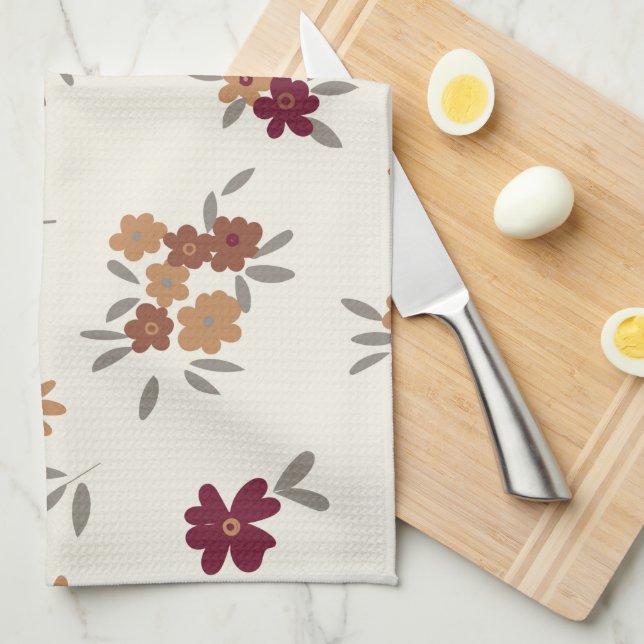 Dainty Gold Maroon Floral Pattern Tea Towel (Quarter Fold)