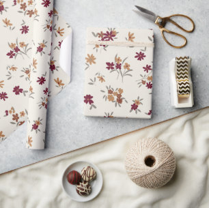Dainty Gold Maroon Floral Pattern Wrapping Paper