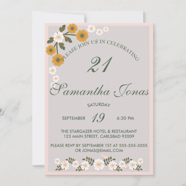 Dainty korean dusty wild rose grey 21st Birthday Invitation (Front)