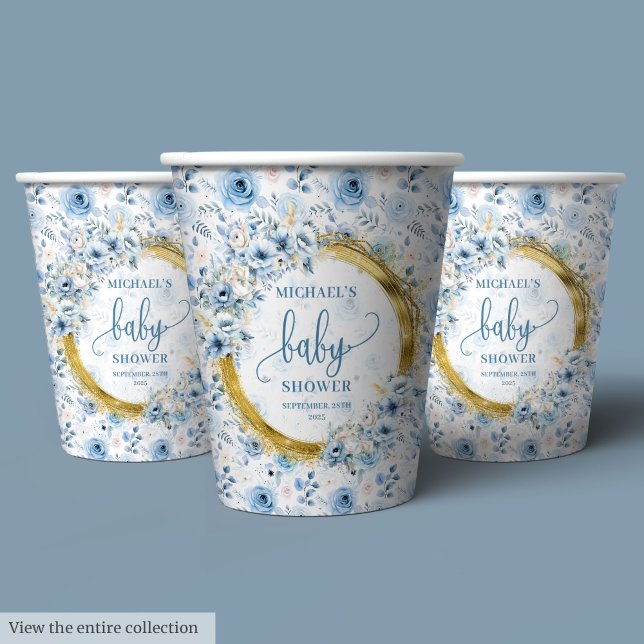 Dainty pastel blue flowers gold personalised baby  paper cups (Dainty pastel blue flowers gold personalized baby Paper Cups)