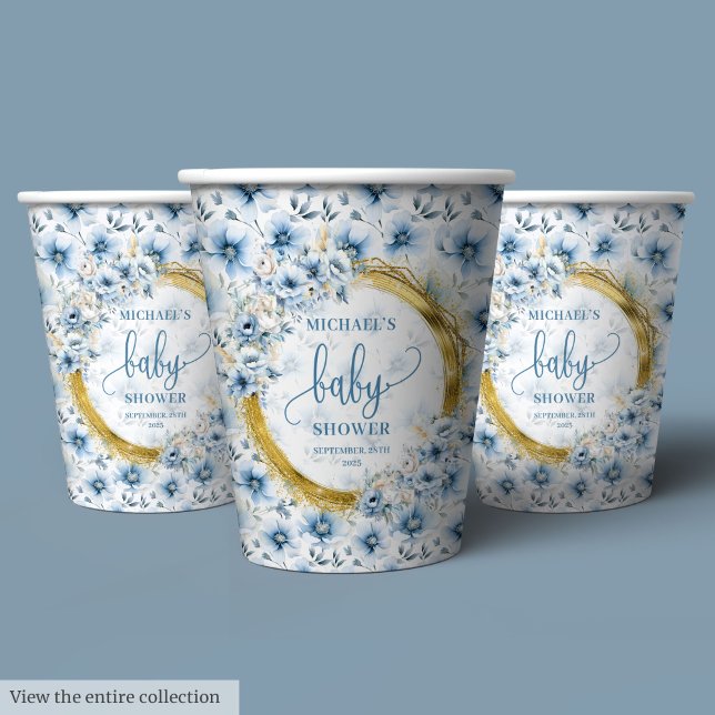 Dainty pastel blue flowers gold personalised baby  paper cups (Dainty pastel blue flowers gold personalized baby Paper Cups)