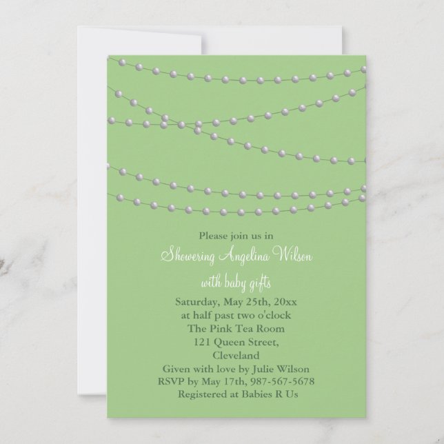 Dainty Pearls Baby Shower Invitation (soft green) (Front)