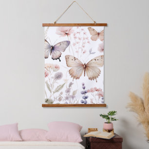 Dainty Pink and Purple Butterflies and Flowers Hanging Tapestry