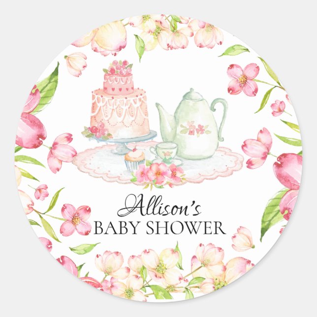 Dainty Pink Floral Baby Tea Party Sticker (Front)