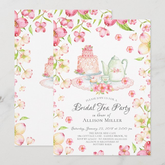 Dainty Pink Floral Bridal Tea Party Invitation (Front/Back)