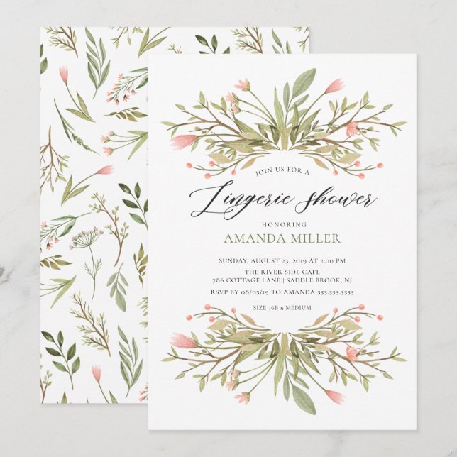 Dainty Pink Floral Greenery Bridal Lingerie Shower Invitation (Front/Back)