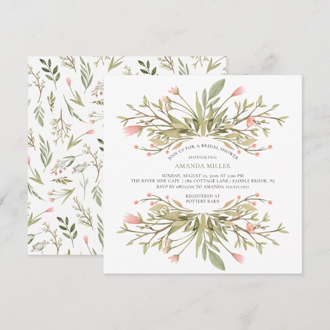 Dainty Pink Floral & Greenery Bridal Shower Invitation (Front/Back)