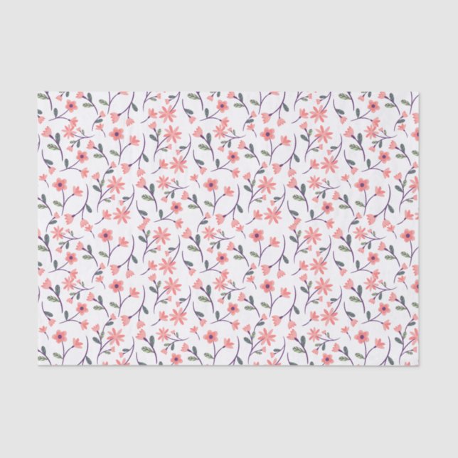 Dainty Pink Flower VInes on White Decoupage Tissue Paper (Front)
