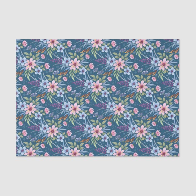 Dainty Pink Flowers on Blue Decoupage Tissue Paper (Front)