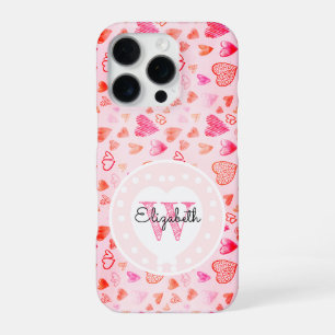 Dainty Pink Heart Pattern & Monogram White Heart  iPhone 16 Pro Case
