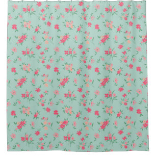  Dainty Pink Illustrated Flowers On Teal Shower Curtain
