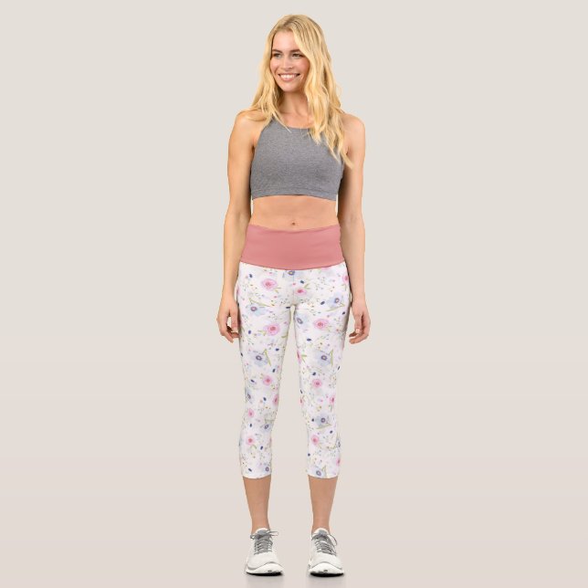 Dainty Pink Purple Flowers Yoga Exercise Capri Leggings (Front)