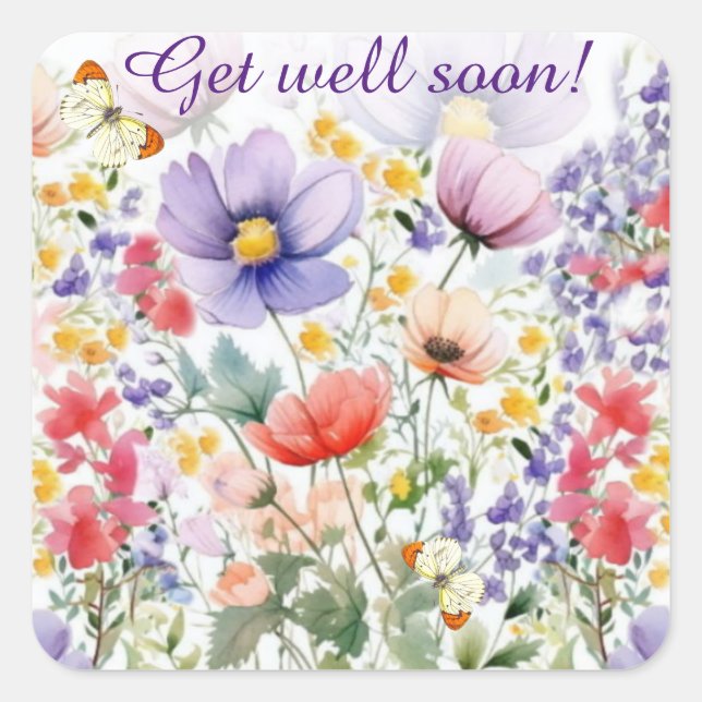 Dainty Pretty Floral Get Well Soon Square Sticker (Front)