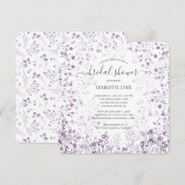 Dainty Purple Watercolor Flowers Bridal Shower Invitation (Front/Back)