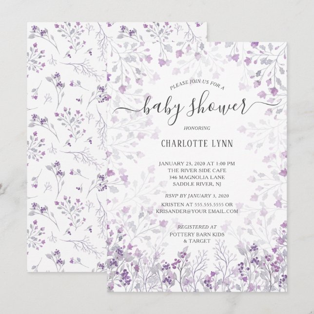 Dainty Purple Watercolor Flowers Girls Baby Shower Invitation (Front/Back)
