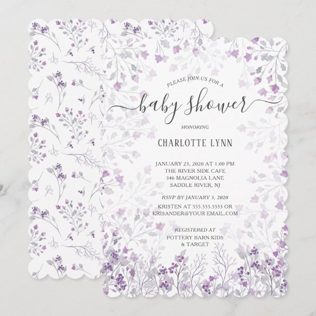 Dainty Purple Watercolor Flowers Girls Baby Shower Invitation (Front/Back)