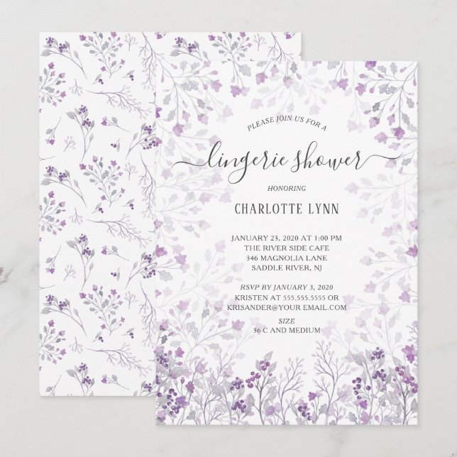 Dainty Purple Watercolor Flowers Lingerie Shower Invitation (Front/Back)
