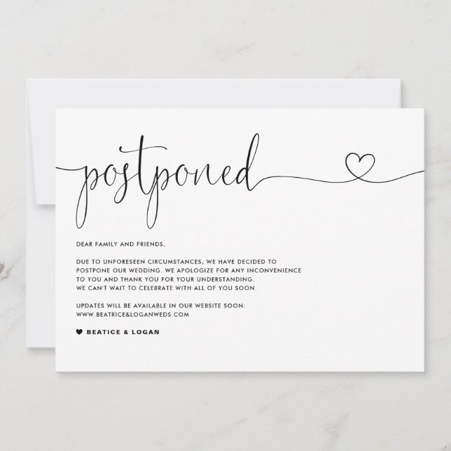 Dainty Script Change of Plans Wedding Postponement Announcement (Front)