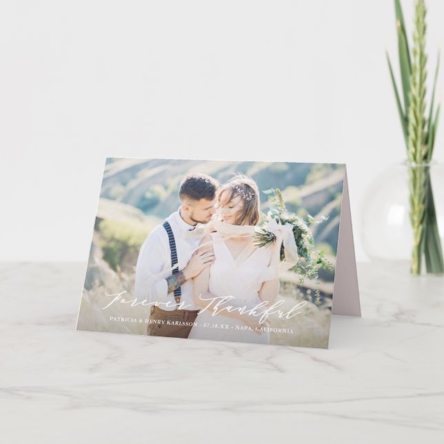 Dainty Script Forever Thankful Wedding Thank You Card (Front)