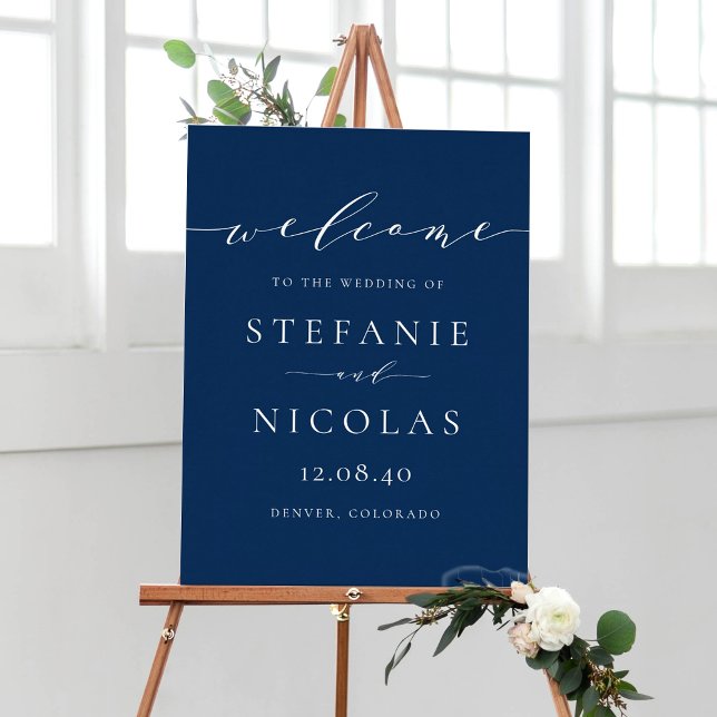 Dainty Script Navy Blue Wedding Welcome Poster (Customizable navy blue minimalist script wedding welcome sign)